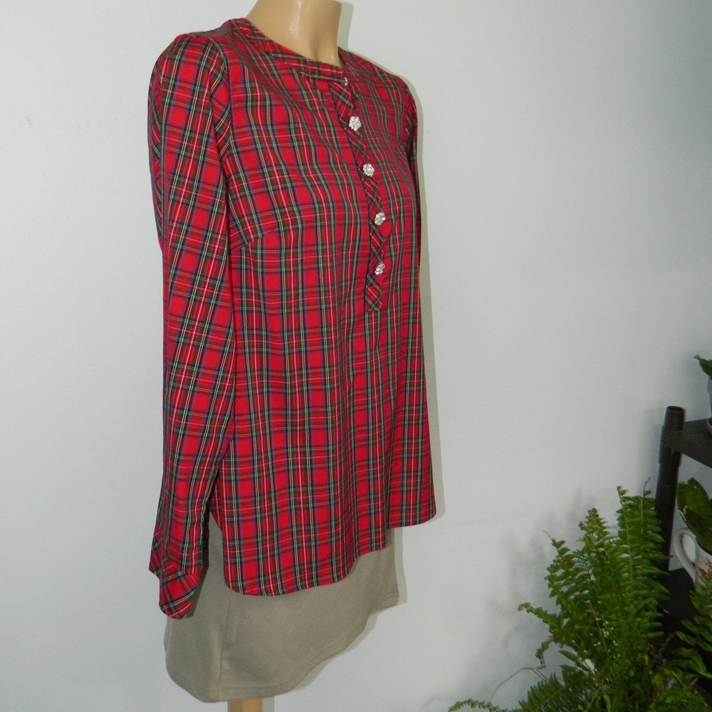 Talbots Red Plaid Blouse Womens Medium Petite Rhinestone Button Long Sleeve Top